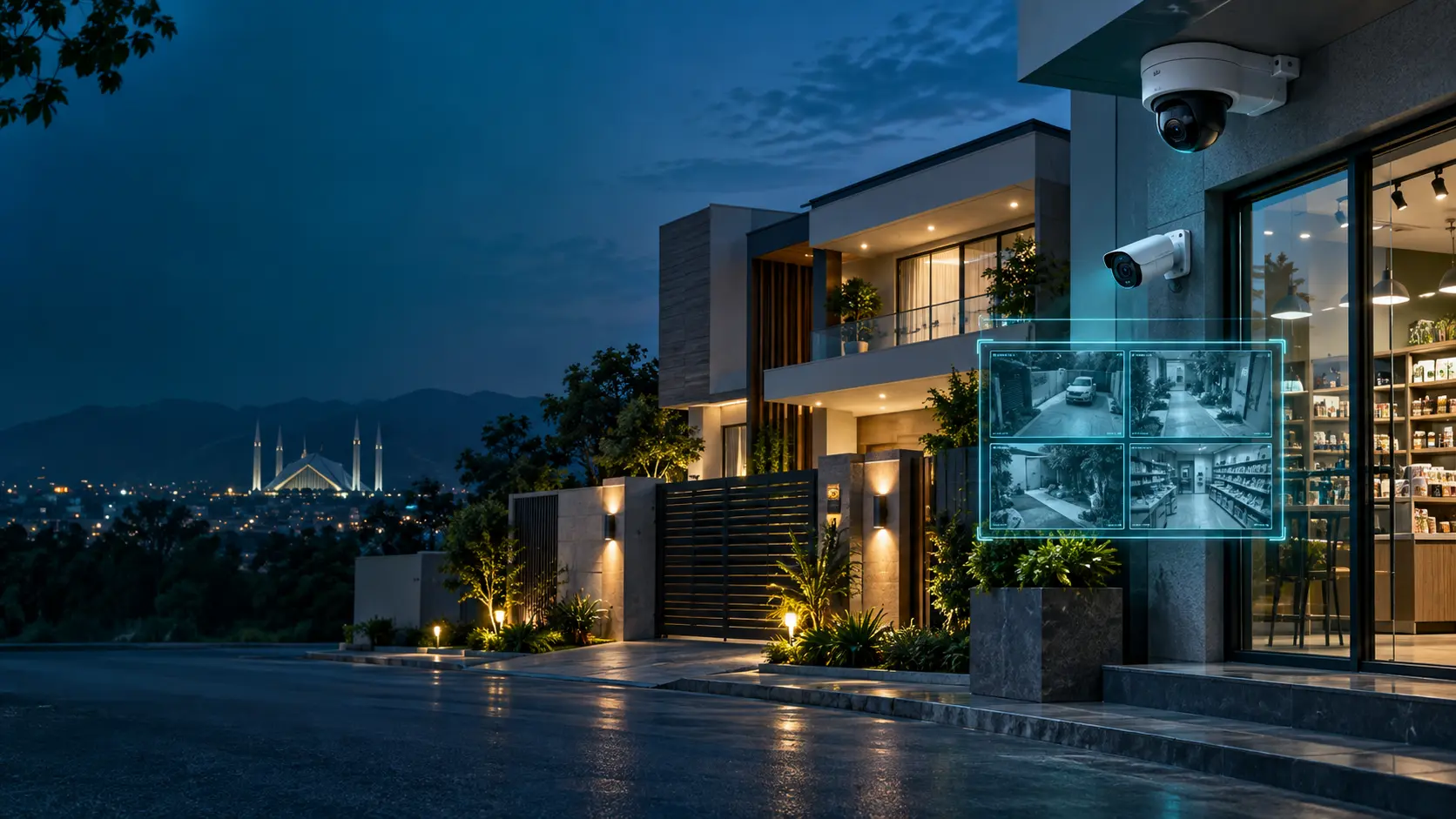 Modern home and business protected by CCTV cameras