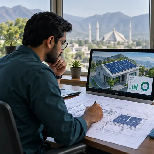 Solar engineer designing a rooftop system in Pakistan