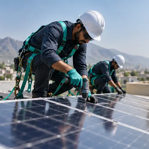 Professional solar panel installers working safely on a rooftop