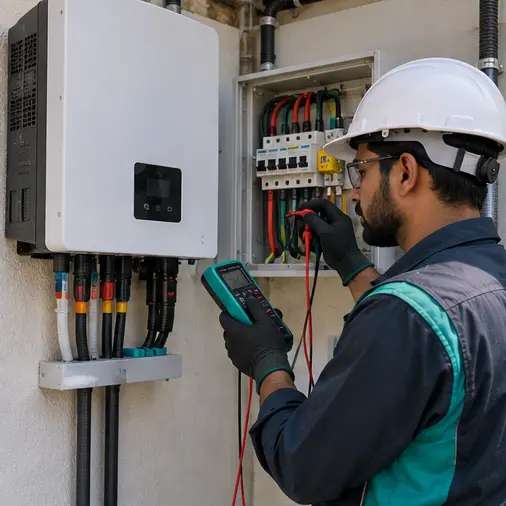 Technician testing a solar inverter and protection equipment