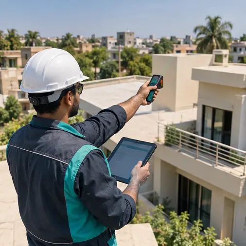 Solar survey engineer measuring a residential rooftop